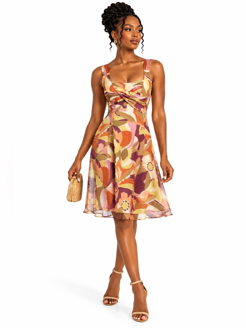 Retro Pink Brown Geometric Floral A-Line Midi Dress – Size Medium GUC